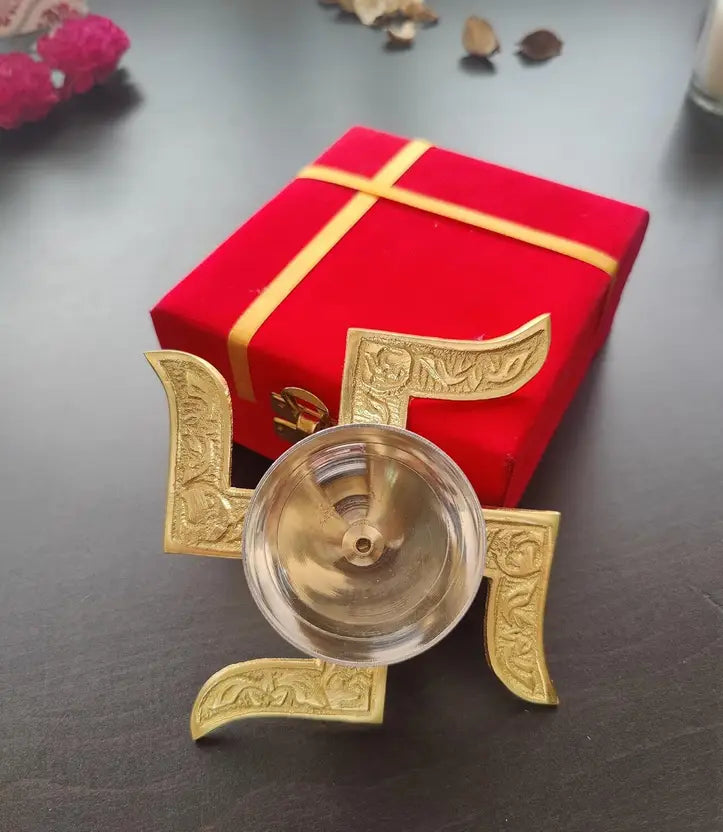 Brass Swastik Diya with Velvet Gift Box (Height 1.5 in)