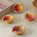 FlowerAura Decorative Set of 4 Stunning Leaf Clay Terracotta Diwali Diyas Oil Lamp Tealight Candle Holders for Pooja Room, Home & Office Decor