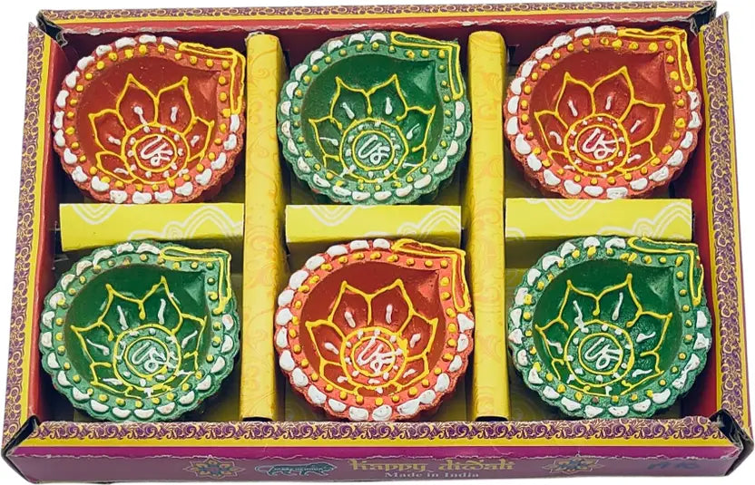 Hand-Painted Terracotta Diyas  – Pack of 6 | Table Mud Lamps for Pooja & Diwali Decoration