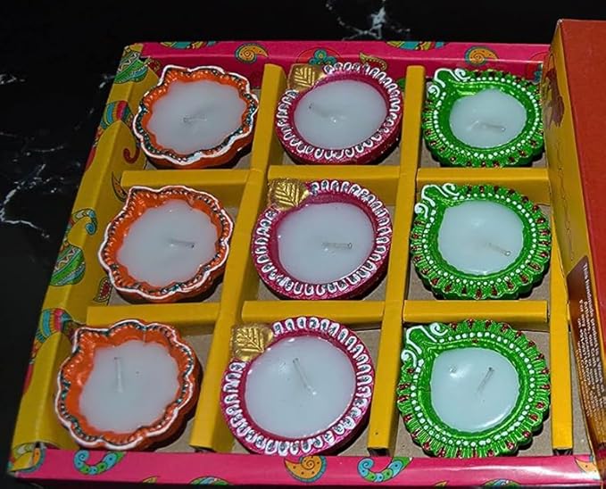 Decorative Wax-Filled Terracotta Diyas – Box of 9 (Assorted Colors)