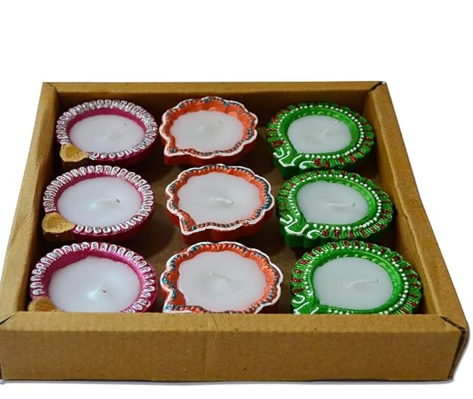 Decorative Wax-Filled Terracotta Diyas – Box of 9 (Assorted Colors)