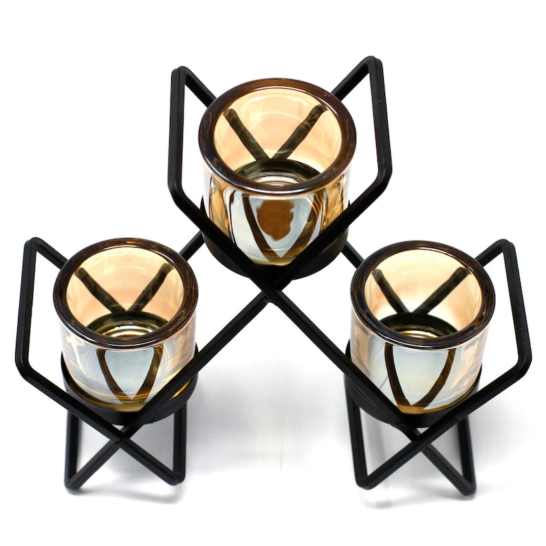 Centrepiece Iron Votive Candle Holder – 3 Glass Cup Triangle (30×17 CM)